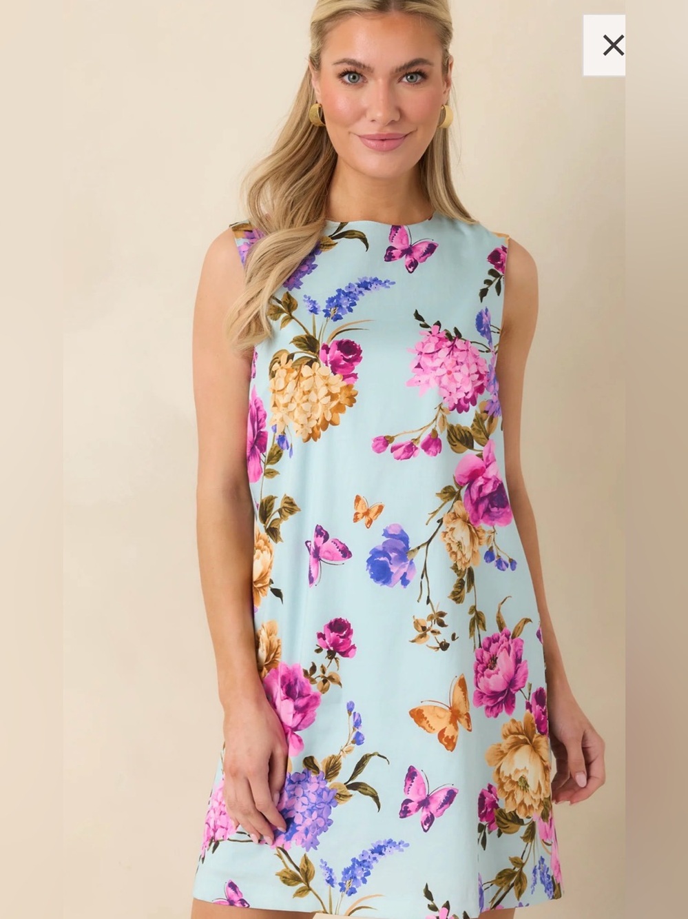PROSPERINA EMILY BLUE MULTI FLORAL COTTON SHIFT MINI DRESS Butterflies $148 Med